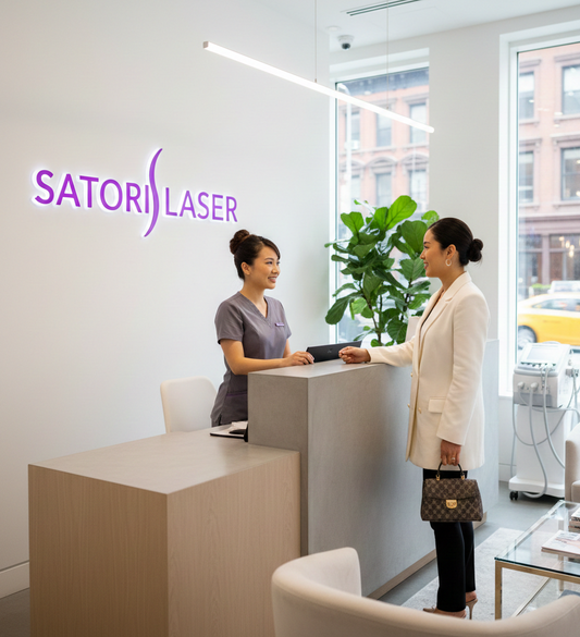 The modern and clean reception area of Satori Laser clinic in New York City with purple branding.