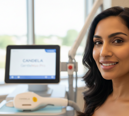 A smiling woman with smooth skin standing in a professional clinic next to a Candela GentleMax Pro laser hair removal machine, representing safe facial laser treatments for all skin types.