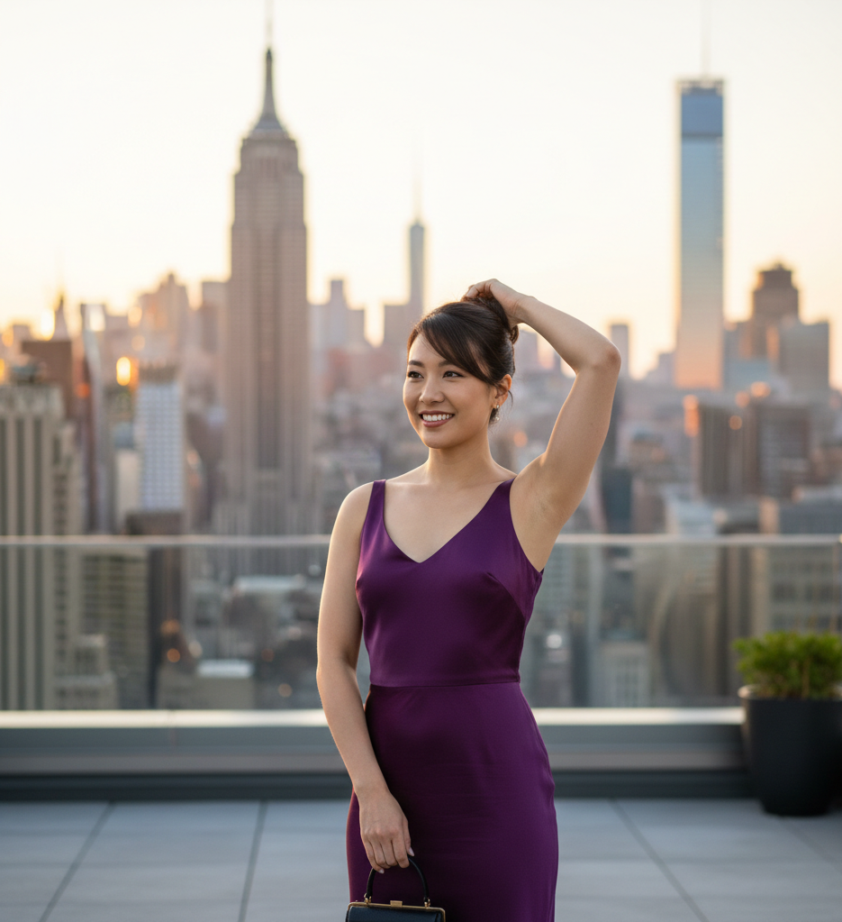 Confident Arm Raise: A female pianist/influencer confidently raising her arm, symbolizing freedom from unwanted hair after laser treatment.