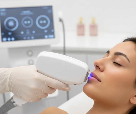 Woman receiving professional face laser hair removal treatment at Satori Laser clinic in NYC using advanced dual-wavelength technology for safe, precise facial hair reduction.