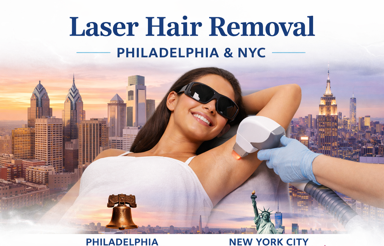 Laser hair removal treatment with Philadelphia and NYC skyline backgrounds for Satori Laser multi-location services.