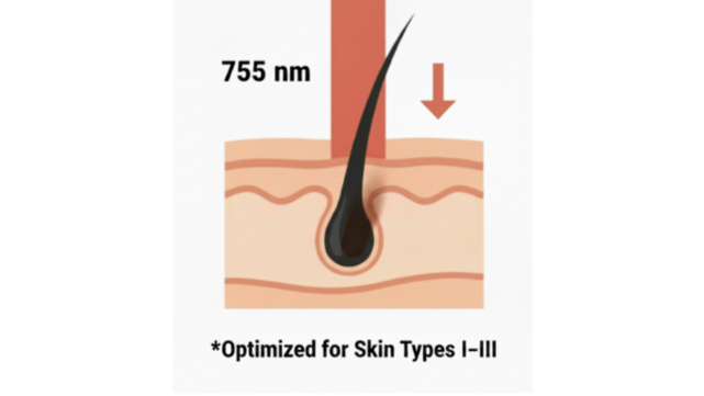 A medical-style diagram showing a hair follicle with a downward arrow and the text '755 nm' and 'Optimized for Fitbrecith I-III' on a white background.