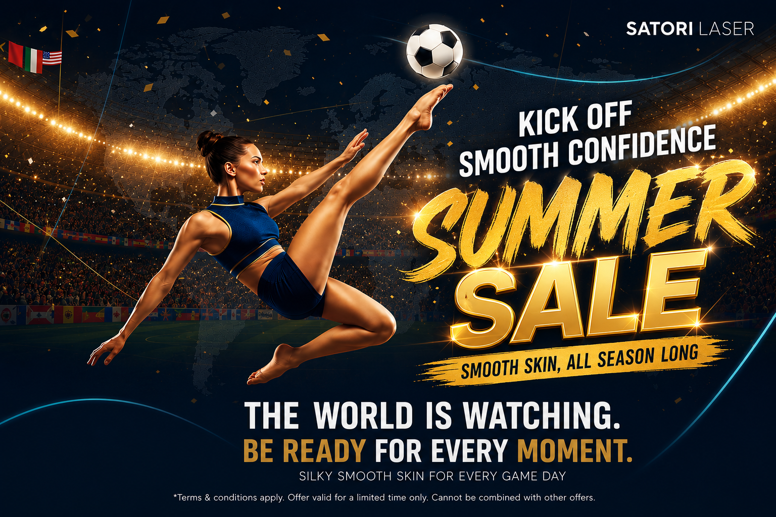 A soccer player in a white athletic uniform kicks a soccer ball in a packed stadium. The image has a dark blue background with a world map graphic, bright stadium lights, and promotional text at the top reading 'The World is Watching'. The image is showing support for FIFA world cup 2026 from Satori Laser